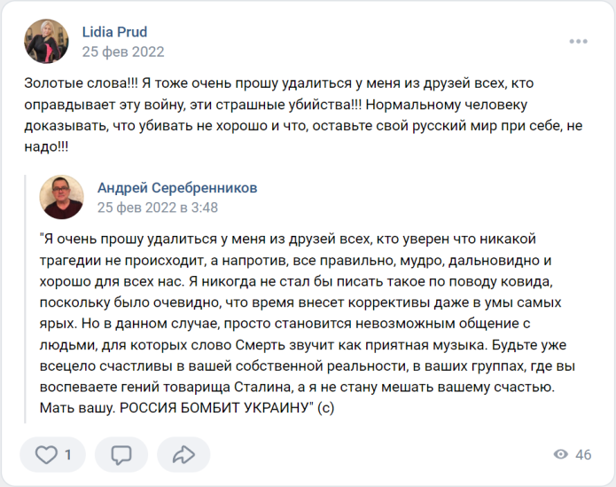 <em>Один из постов Лидии во «Вконтакте», опубликованный в первые дни полномасштабного вторжения</em>