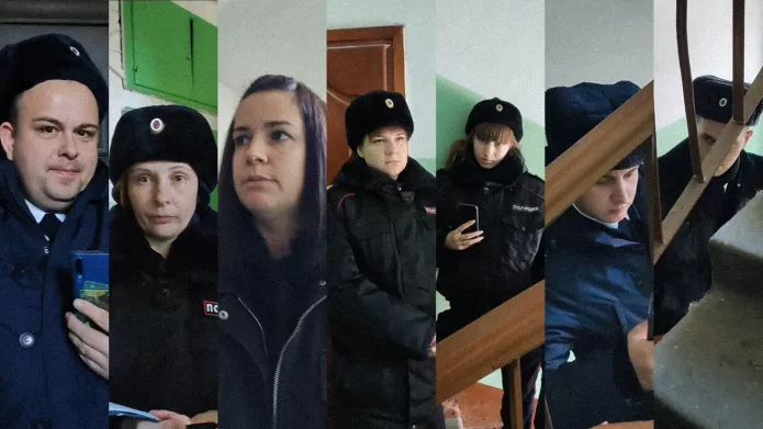Семь сотрудников полиции возле квартиры Екатерины, один из них в штатском / Скриншоты видео из личного архива Екатерины