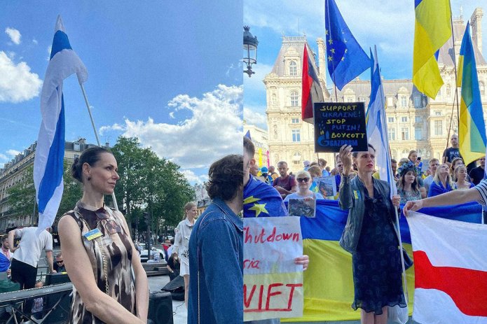 <em>Надежда Кутепова на антивоенных митингах в Париже / Фото: личная страница Надежды Кутеповой</em>