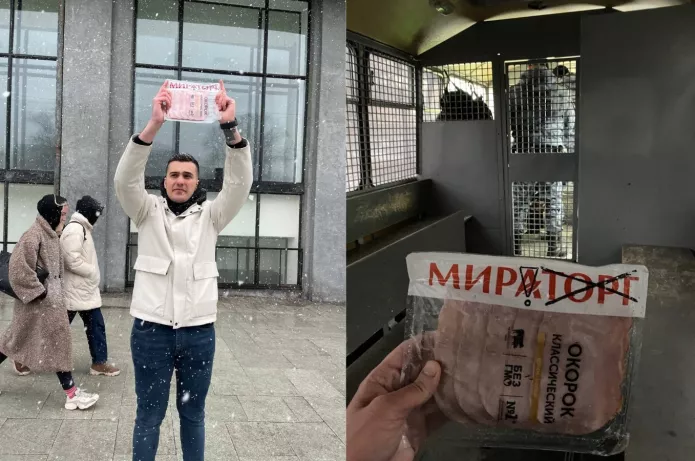 Молодой человек в пикете с колбасой «МИРаторг» и после задержания в автозаке. 2 апреля 2022 год  / Фото прислано задержанным