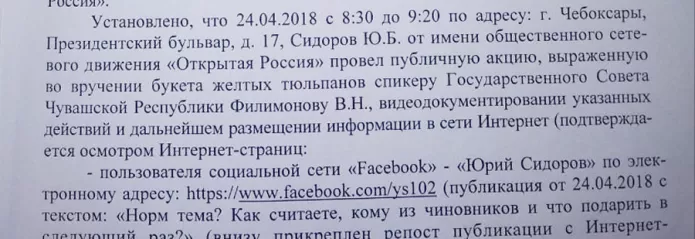 Кусок административного протокола Юрия Сидорова за вручение тюльпанов депутату Госсовета Чувашии / Фото: Юрий Сидоров