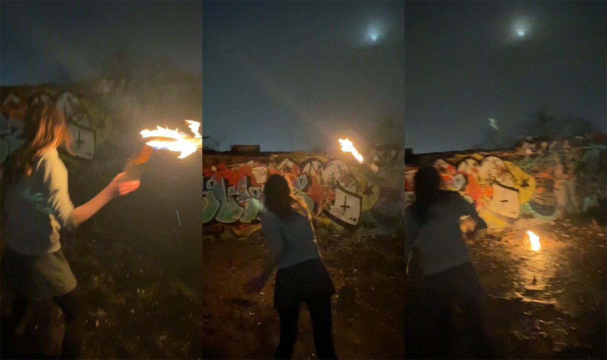 В распоряжении ОВД-Инфо есть подтверждающее видео. На нем, предположительно, Вероника — стройная длинноволосая девушка в короткой юбке — бросает бутылку с зажигательной смесью в бетонный забор, разрисованный граффити. Коктейль Молотова приземляется в десятках сантиметров от забора. «Она не долетела», — комментирует Горецкая. Кто-то поднимает полыхающую бутылку и отдает ей. Вероника снова бросает — с тем же результатом. «У меня не хватает сил ее разбить», — жалуется она. / Коллаж: ОВД-Инфо